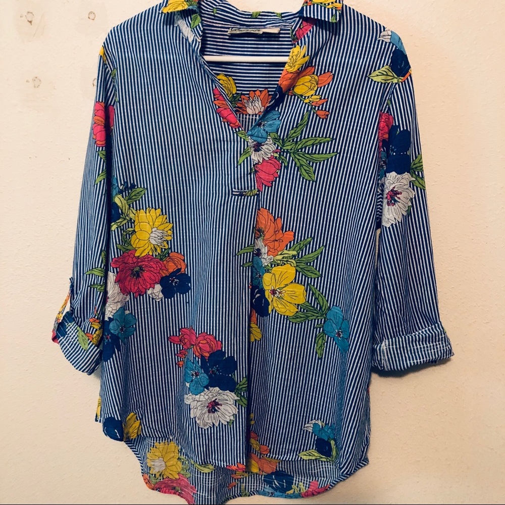 VINCENTE Popover Blouse Floral Stripe L Tunic Blue